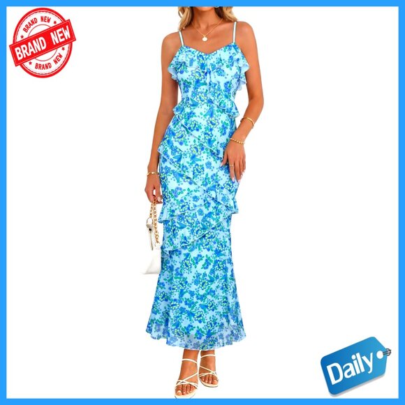 Dresses & Skirts - Floral Maxi Dress with Spaghetti Straps, V-Neck, Backless, Bodycon Fit
